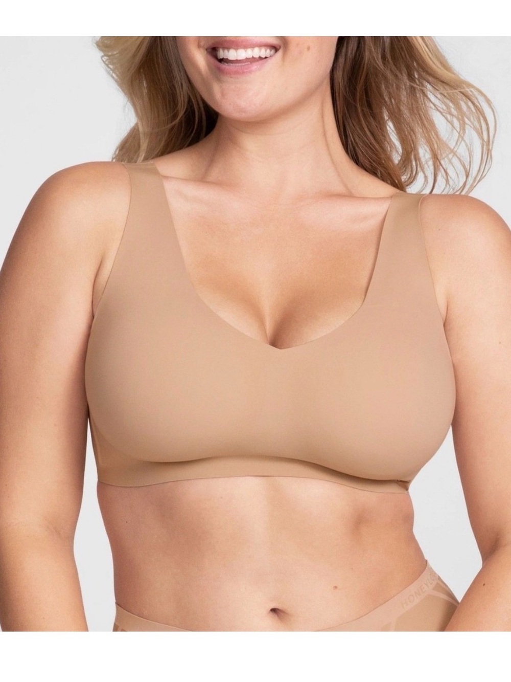 Honeylove V-Neck Bra Wire Free Support Comfort Stretch Intimates Tan Smoot 1X